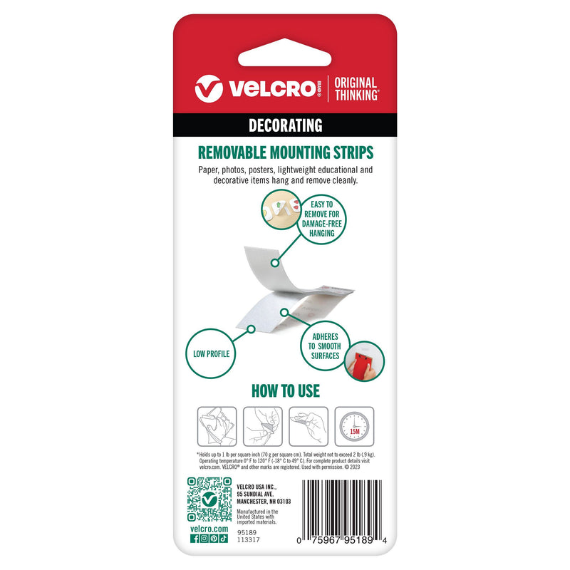 Back of the current Velcro USA Removable Mounting Strips pack 95189 showing uses, feature callouts, four how-to-use steps, the weight footnote, the Velcro USA address and the barcode.