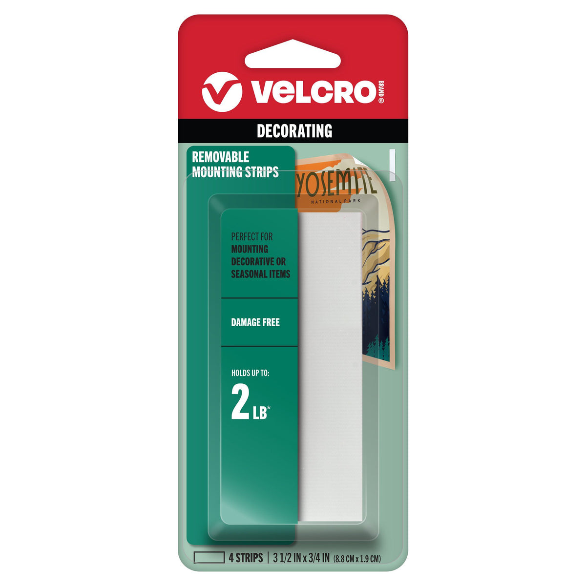 Current Velcro USA pack front for Removable Mounting Strips 95189, printed Damage Free, Holds up to 2 LB with an asterisk, and 4 Strips 3 1/2 in x 3/4 in (8.8 cm x 1.9 cm).