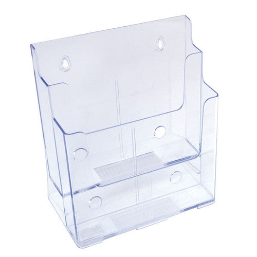 Deflecto 2-tier A4 brochure holder loaded with brochures, angled view