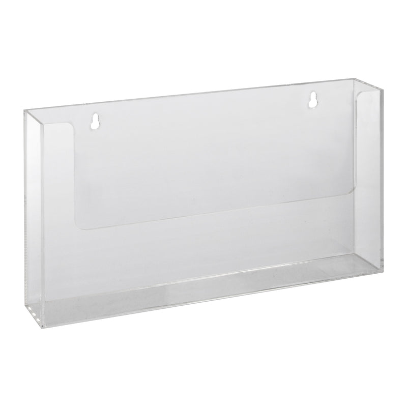Deflecto clear wall mount brochure holder for A4 landscape material, angled view showing the wide pocket and the keyhole for wall fixing