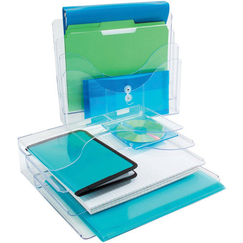 Deflecto 3-tier A4 landscape brochure holder loaded with brochures