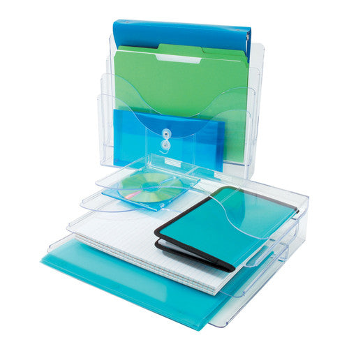Deflecto clear A4 landscape brochure holder, top view of the tiers