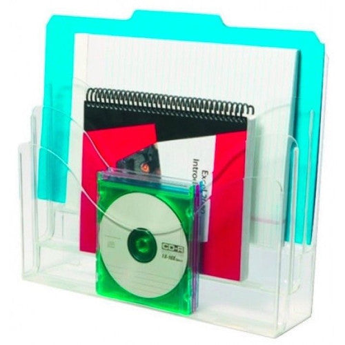 Deflecto 3-pocket A4 landscape brochure holder, side profile