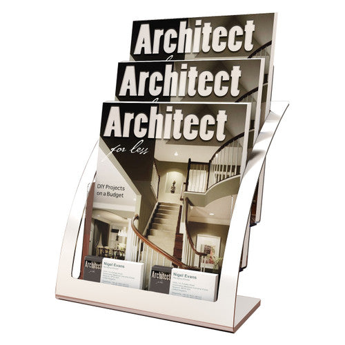 Deflecto 3-tier curved A4 brochure holder in silver and clear, front view