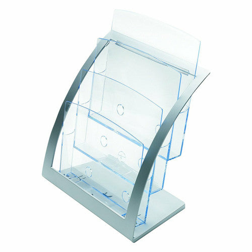 Deflecto curved A4 brochure holder, silver base detail