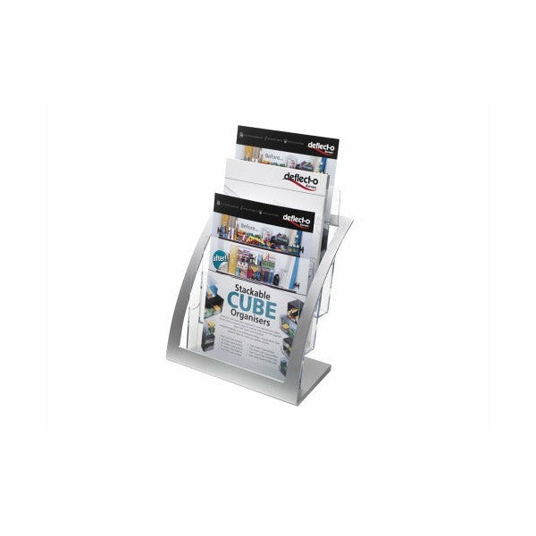 Deflecto 3-tier curved A4 brochure holder, angled three-quarter view