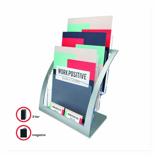 Deflecto 3-tier A4 brochure holder loaded with brochures