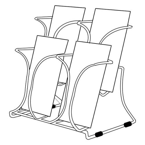 Deflecto chrome multi-pocket brochure holder loaded with leaflets, angled view