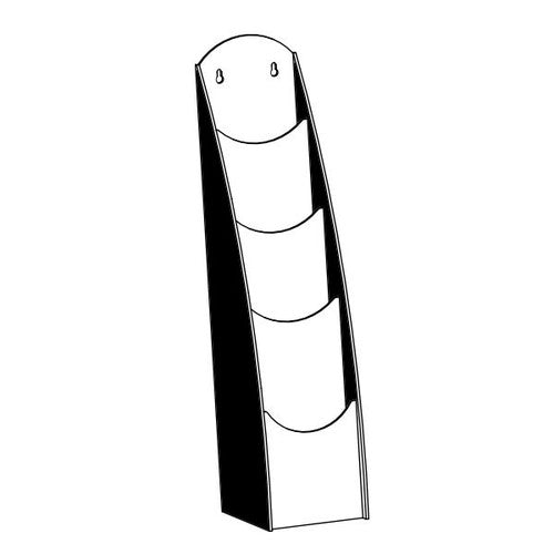 Deflecto 4-tier DL brochure holder loaded with leaflets, angled view