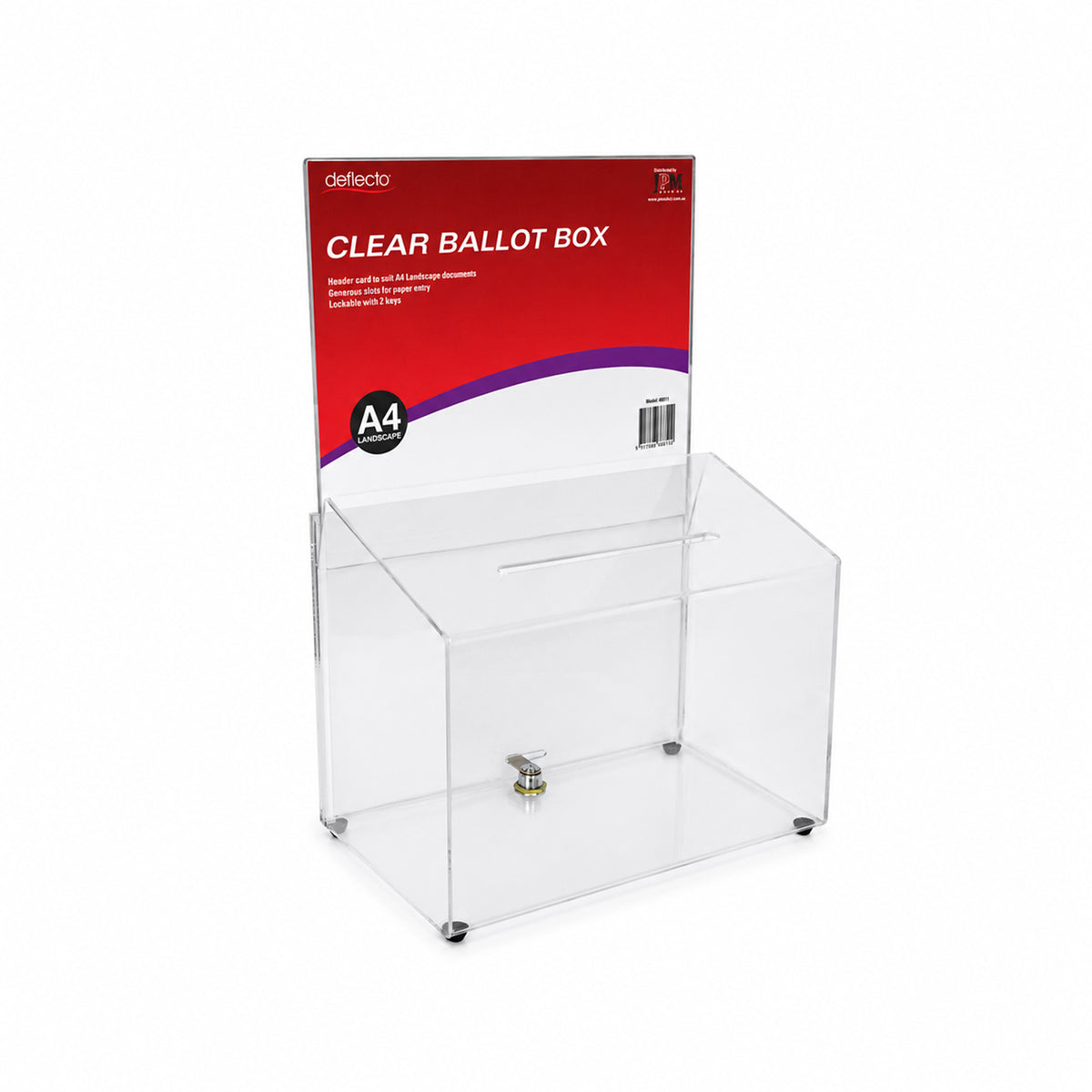 Deflecto clear A4 landscape ballot box with the A4 header sign holder on top, a front lock and small feet, shown on a white background