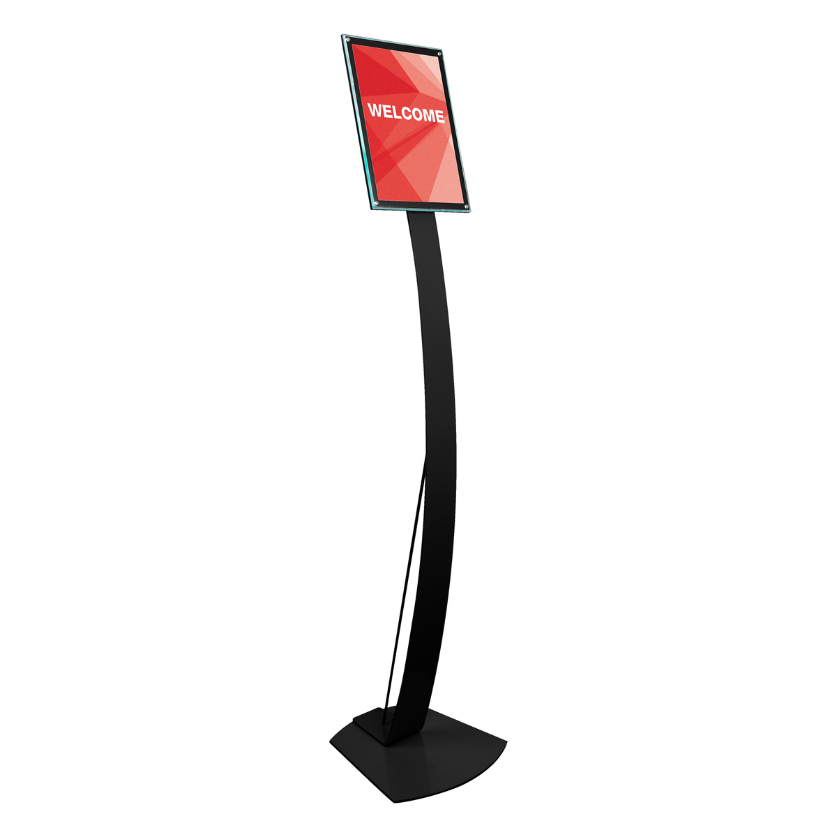 Deflecto Contemporary Sign Stand A4 in black, a curved floor stand with an angled A4 sign holder at the top and a weighted base