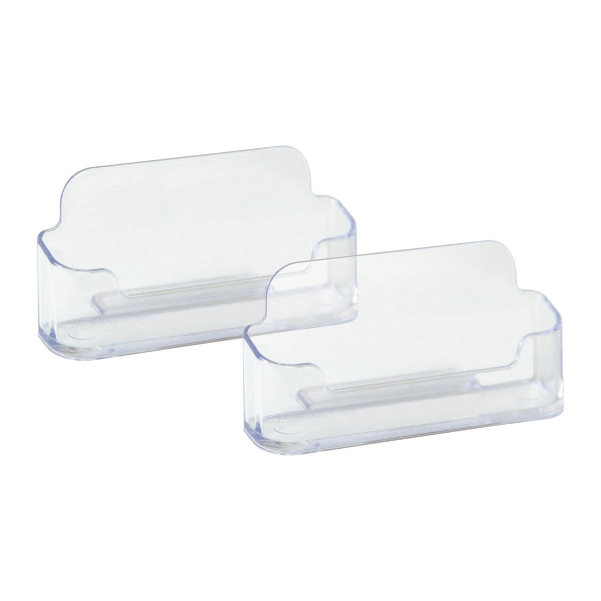 Deflecto Business Card Holder Landscape Twin Pack, two clear plastic landscape business card holders shown side by side on a white background