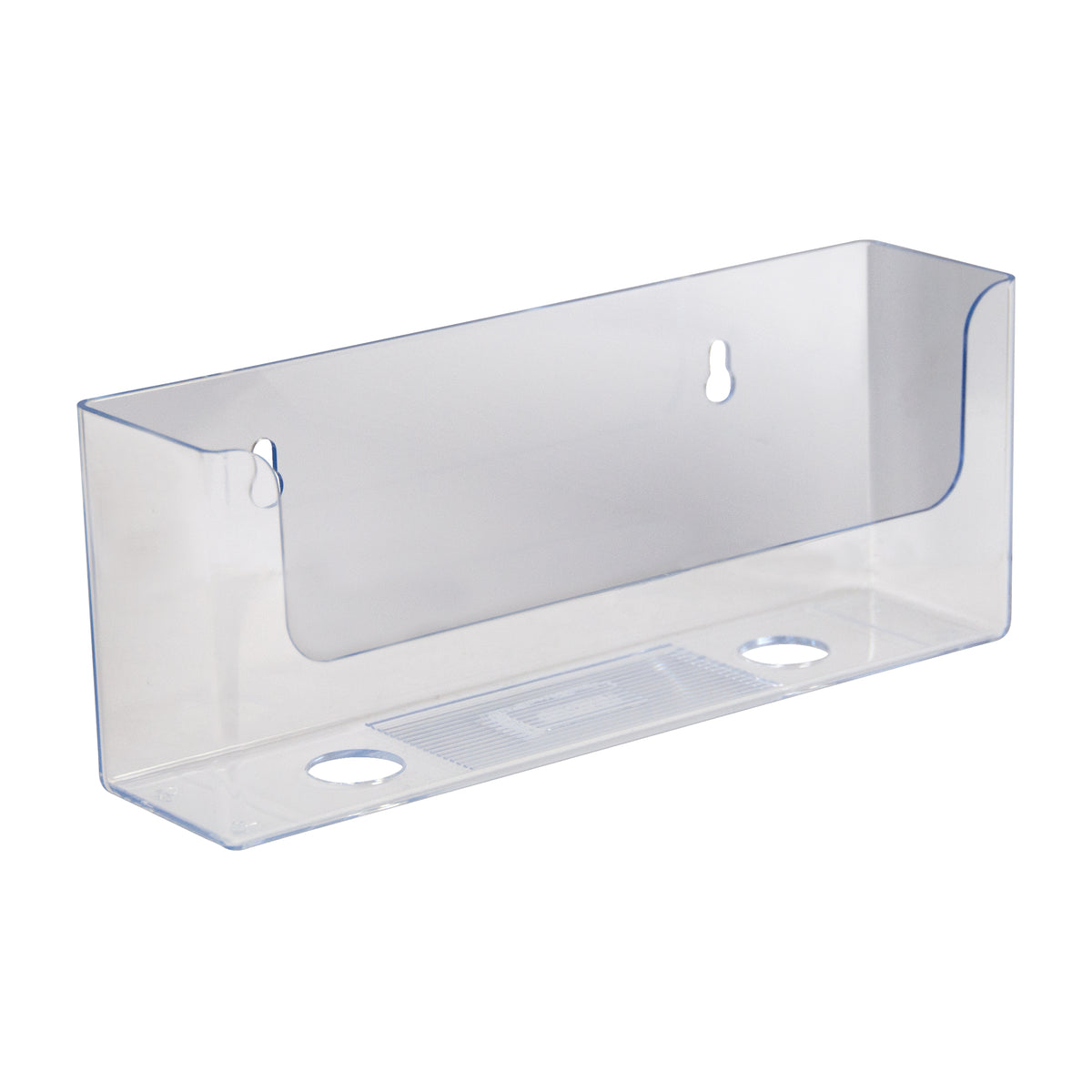 Deflecto clear wall mount brochure holder for DL landscape material, angled view showing the open pocket and the keyhole for wall fixing