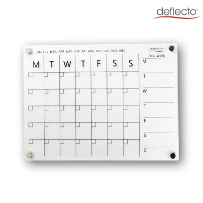 Deflecto A3 acrylic wall planner on a white wall with four round magnetic fixings at the corners, showing the printed month tick row from January to December, the Monday to Sunday monthly grid and the This Week column.