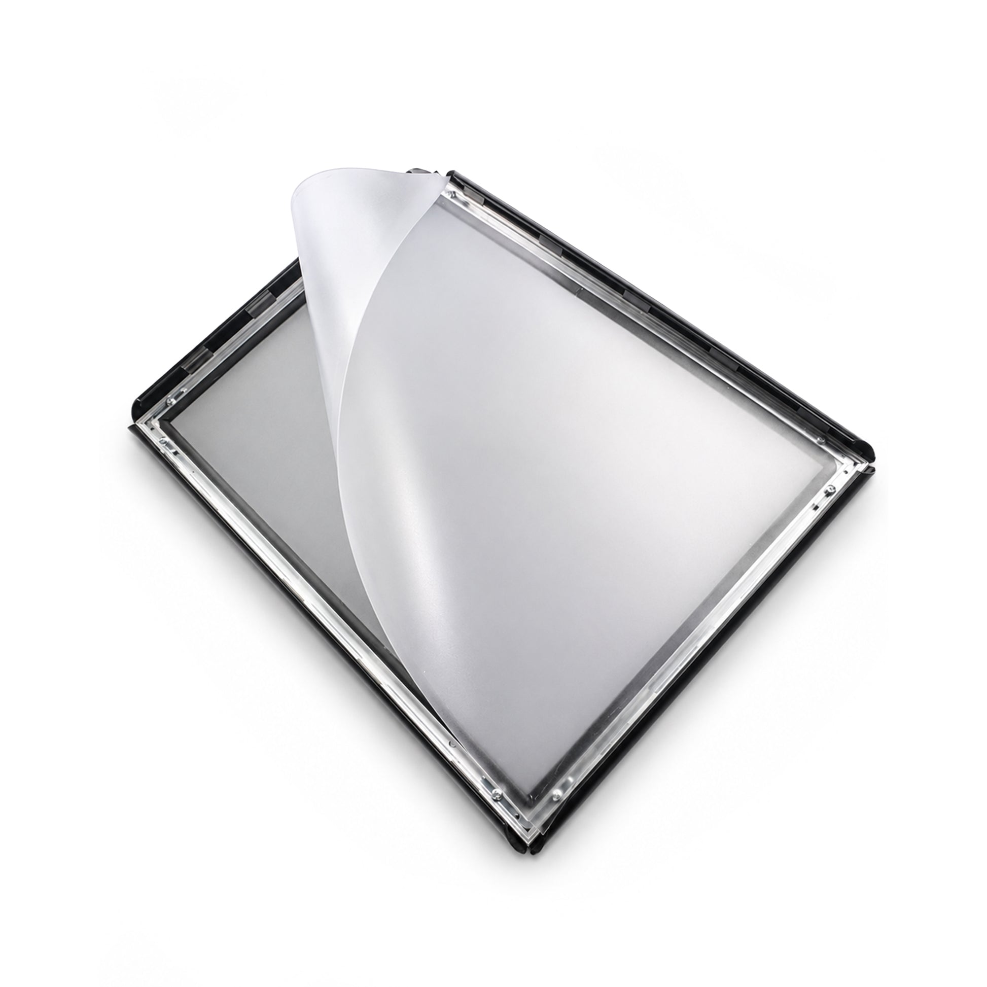 The black A3 snap frame lying open on a white background with the clear anti-glare cover sheet peeled back from one corner, showing the empty backing board and the four spring loaded sides.