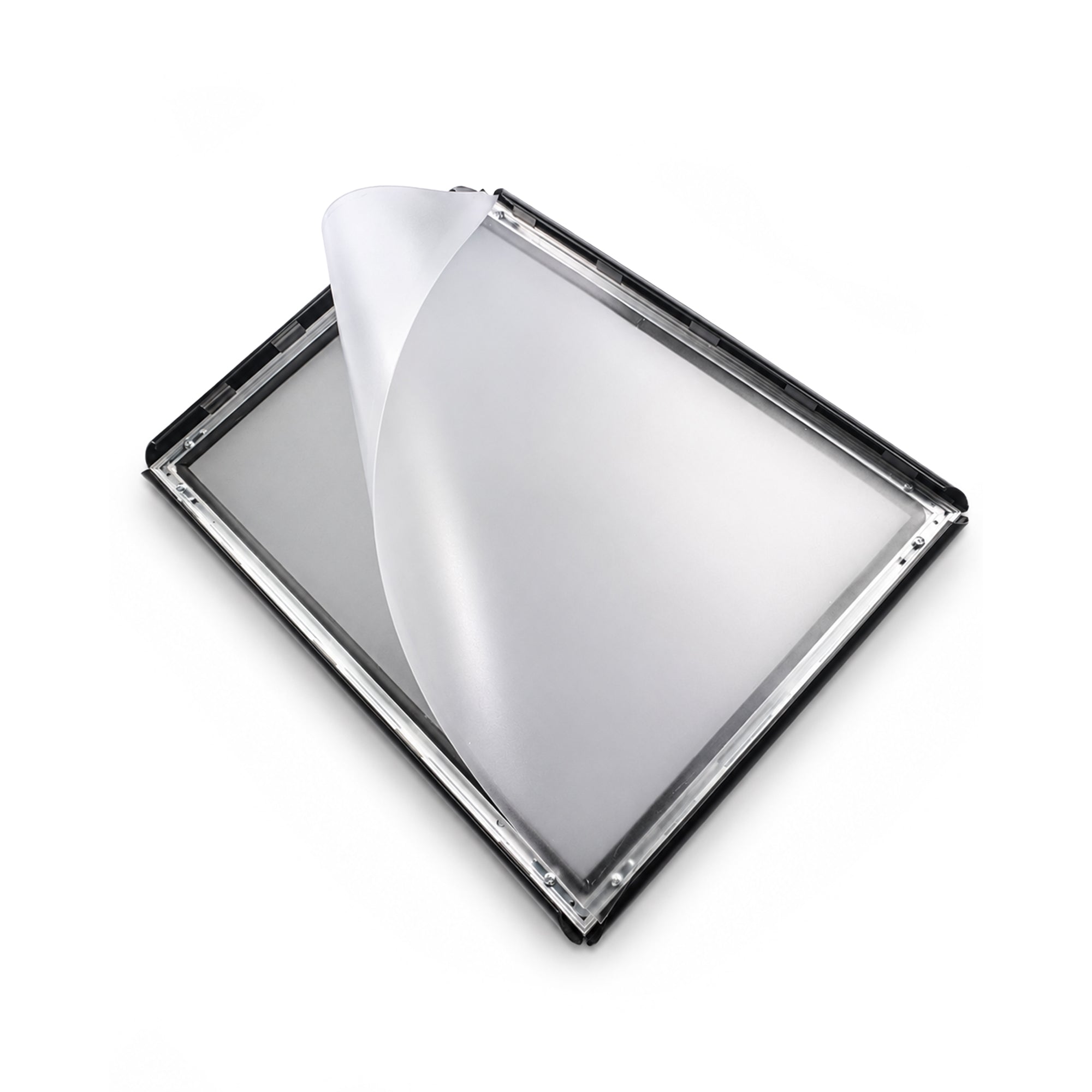 The black A3 snap frame lying open on a white background with the clear anti-glare cover sheet peeled back from one corner, showing the empty backing board and the four spring loaded sides.