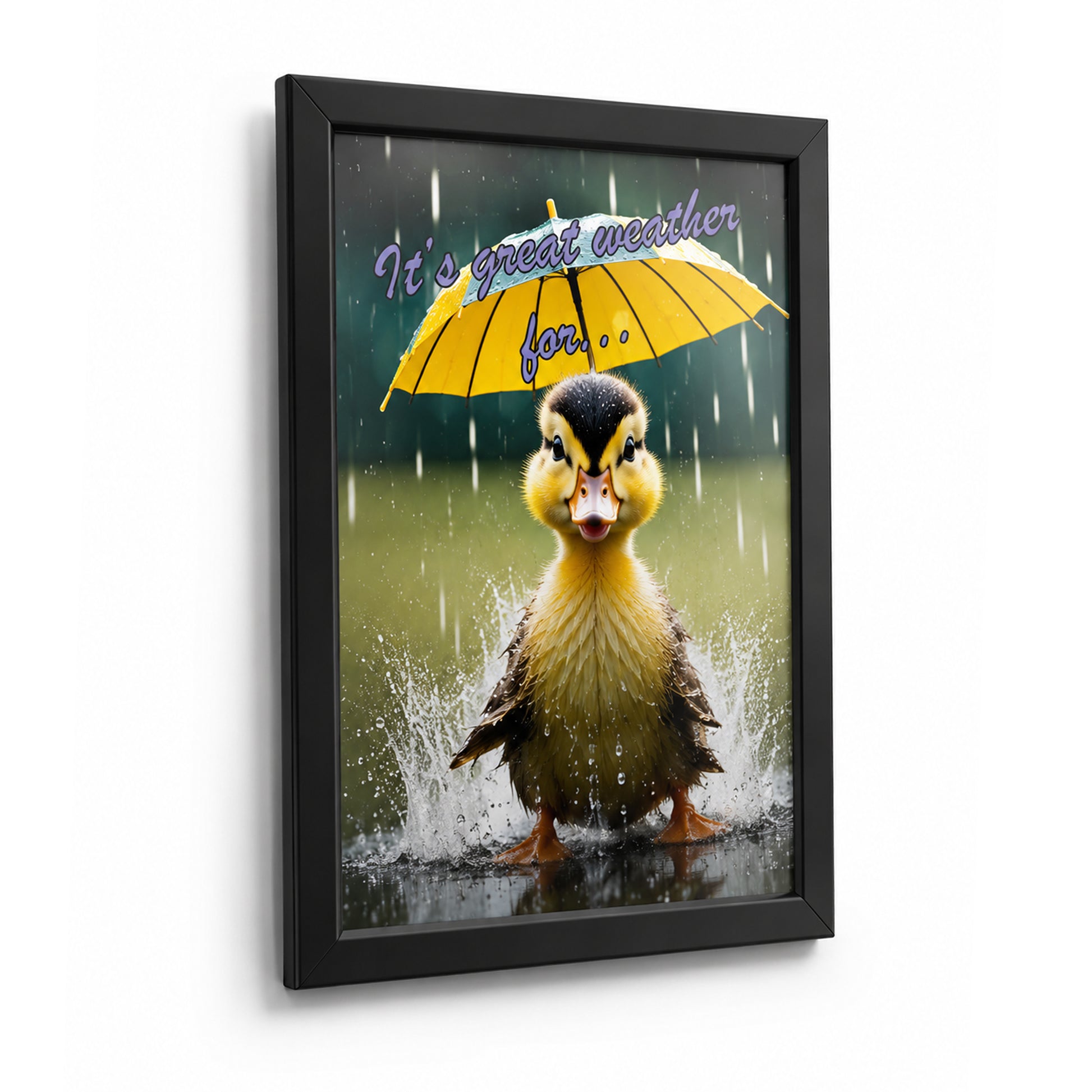 Deflecto A3 black water resistant snap frame mounted on a plain white wall in portrait orientation, holding a colour poster behind a clear cover sheet, with the wide black aluminium border visible on all four sides.