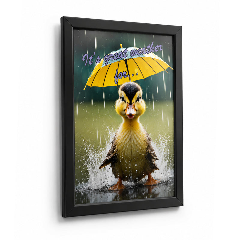 Deflecto A3 black water resistant snap frame mounted on a plain white wall in portrait orientation, holding a colour poster behind a clear cover sheet, with the wide black aluminium border visible on all four sides.