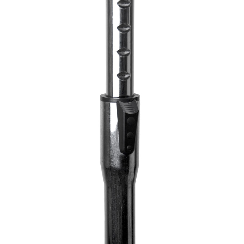 Close-up of the telescopic upright showing the row of height adjustment holes and the locking collar that sets the stand height.