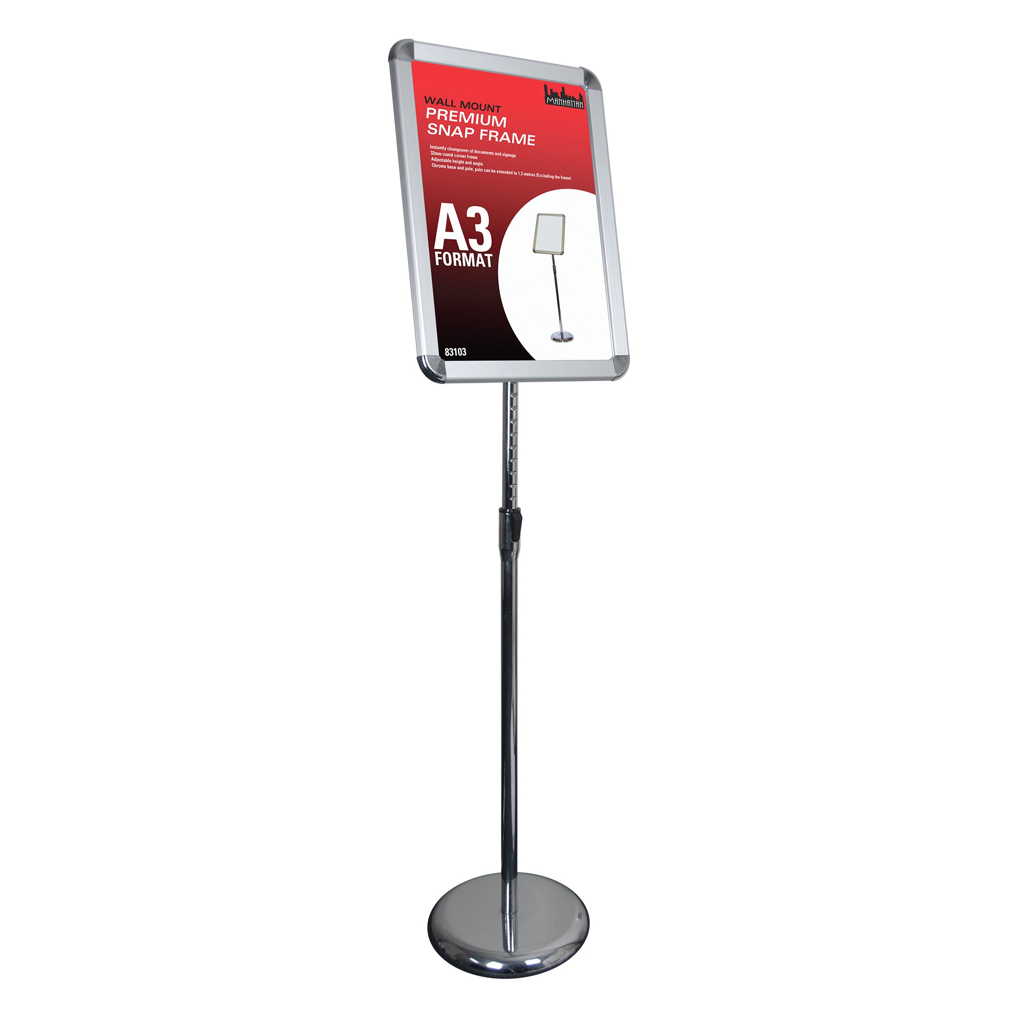 Deflecto A3 silver foyer stand holding a portrait poster, showing the aluminium snap frame head on a telescopic chrome upright with a round weighted chrome base.