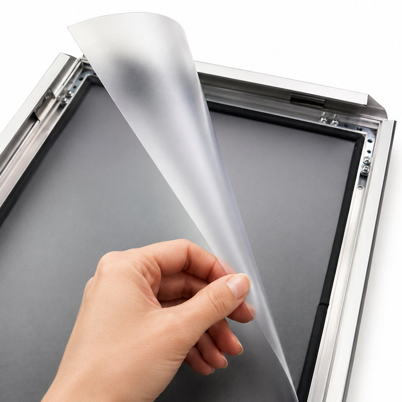 A hand peeling the clear anti-glare cover sheet back from the silver A3 snap frame while two of the aluminium sides sit open, showing how a poster is loaded.