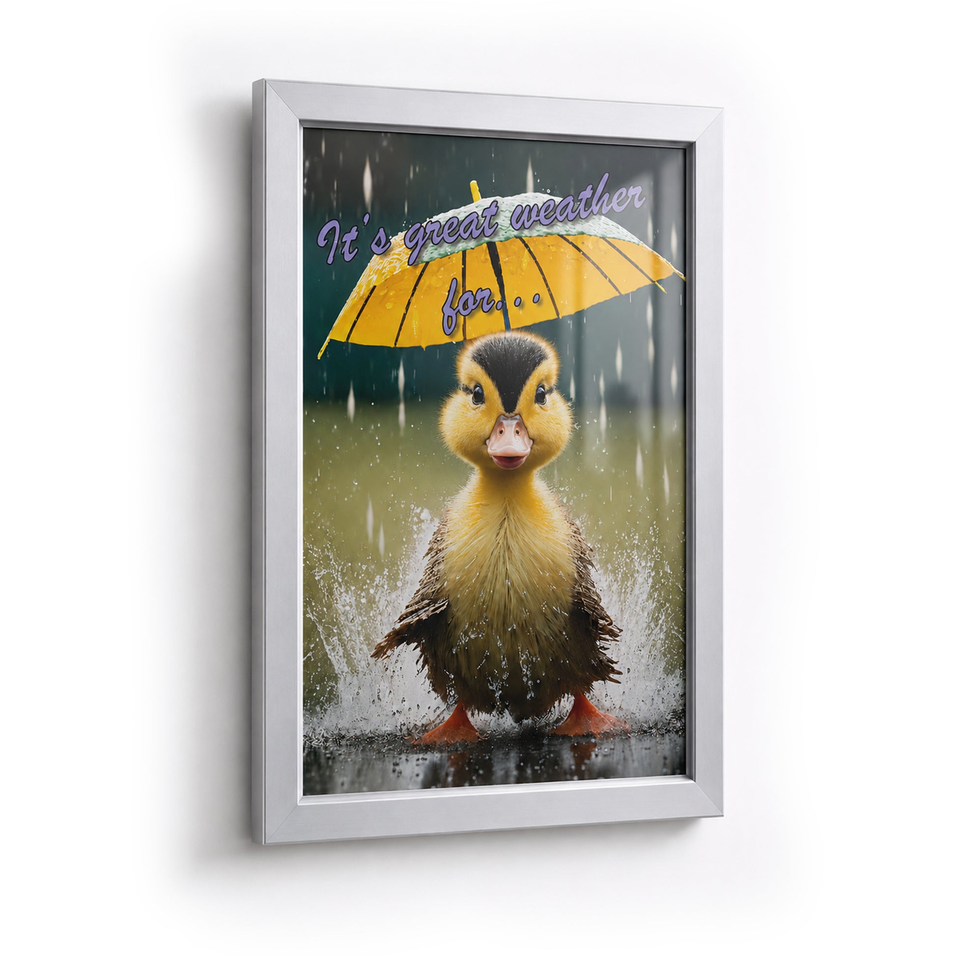Deflecto A3 silver water resistant snap frame mounted on a plain white wall in portrait orientation, holding a colour poster behind a clear cover sheet, with the wide brushed silver aluminium border visible on all four sides.