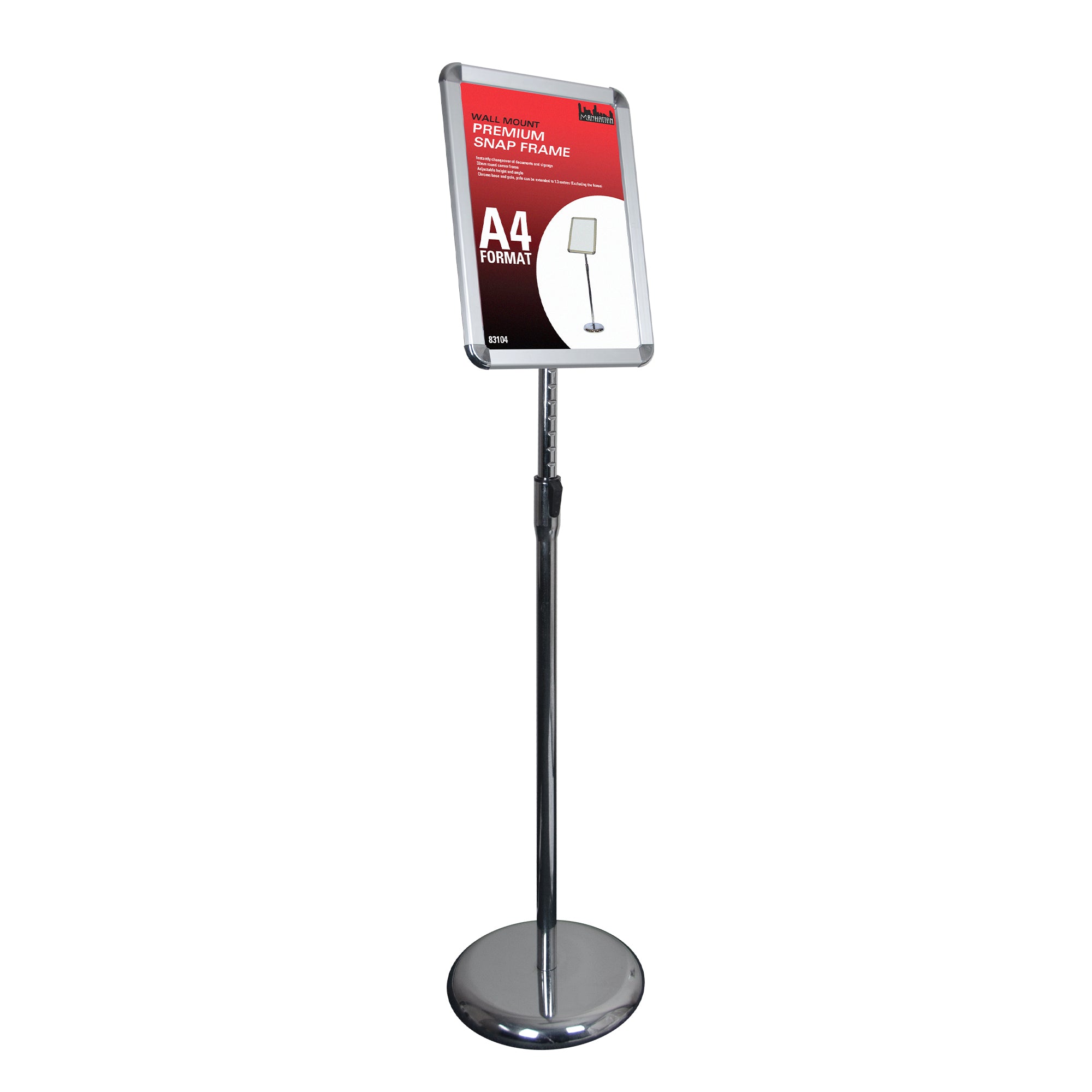 Deflecto A4 silver foyer stand holding a portrait poster, showing the aluminium snap frame head on a telescopic chrome upright with a weighted chrome base.
