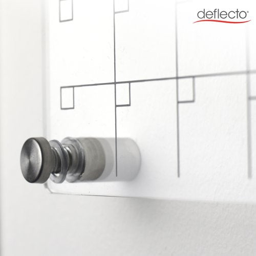 Close-up of a chrome barrel standoff holding the clear acrylic planner panel away from the wall, with the printed grid lines visible through the acrylic.