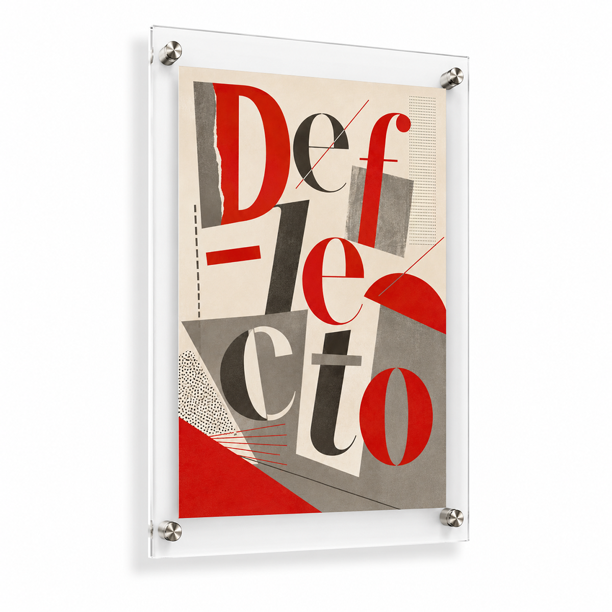 Deflecto A2 acrylic poster and photo holder for wall mounting, front view with a red and grey Deflecto print held by four corner fixings