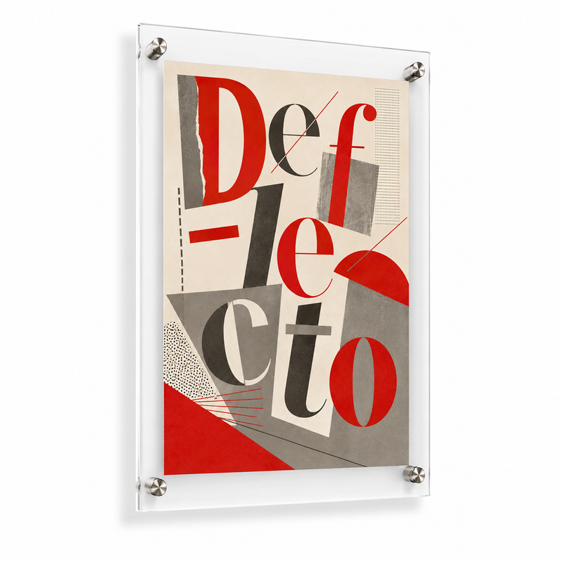 Deflecto A2 acrylic poster and photo holder for wall mounting, front view with a red and grey Deflecto print held by four corner fixings