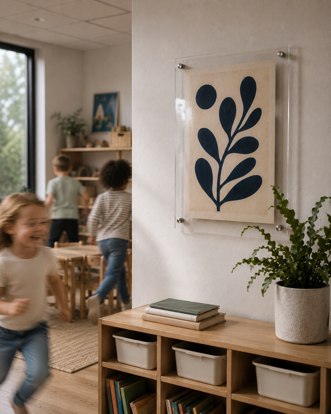 Deflecto A2 acrylic poster and photo holder on a playroom wall displaying a botanical print above low shelves in a bright room