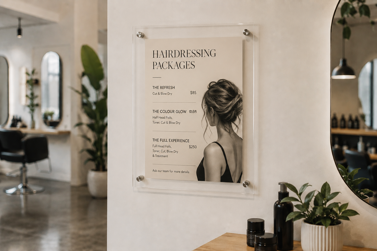Deflecto A3 acrylic poster and photo holder on a hair salon wall displaying a hairdressing price list, with salon chairs and mirrors behind