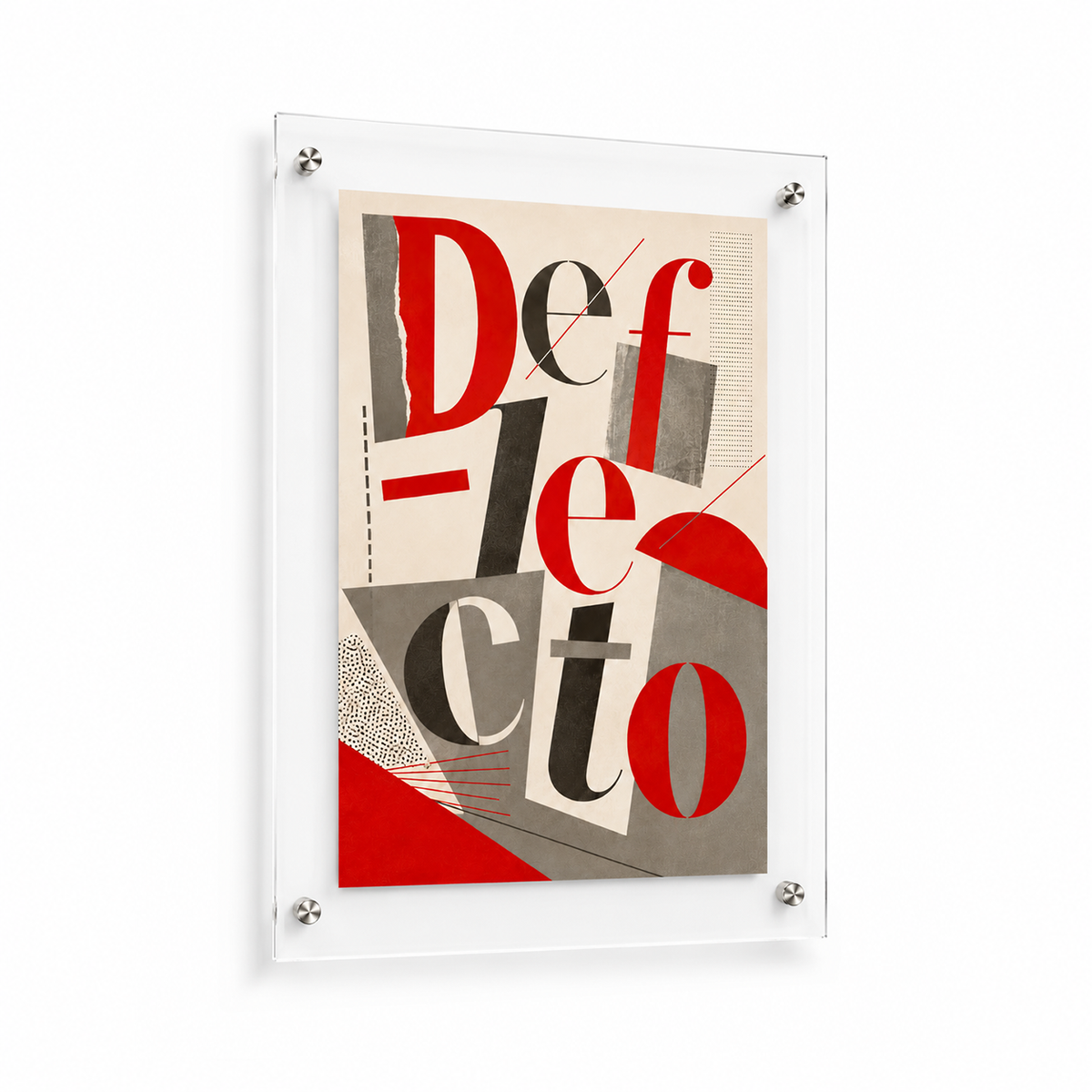 Deflecto A4 acrylic poster and photo holder for wall mounting, front view with a red and grey Deflecto print held by four corner fixings