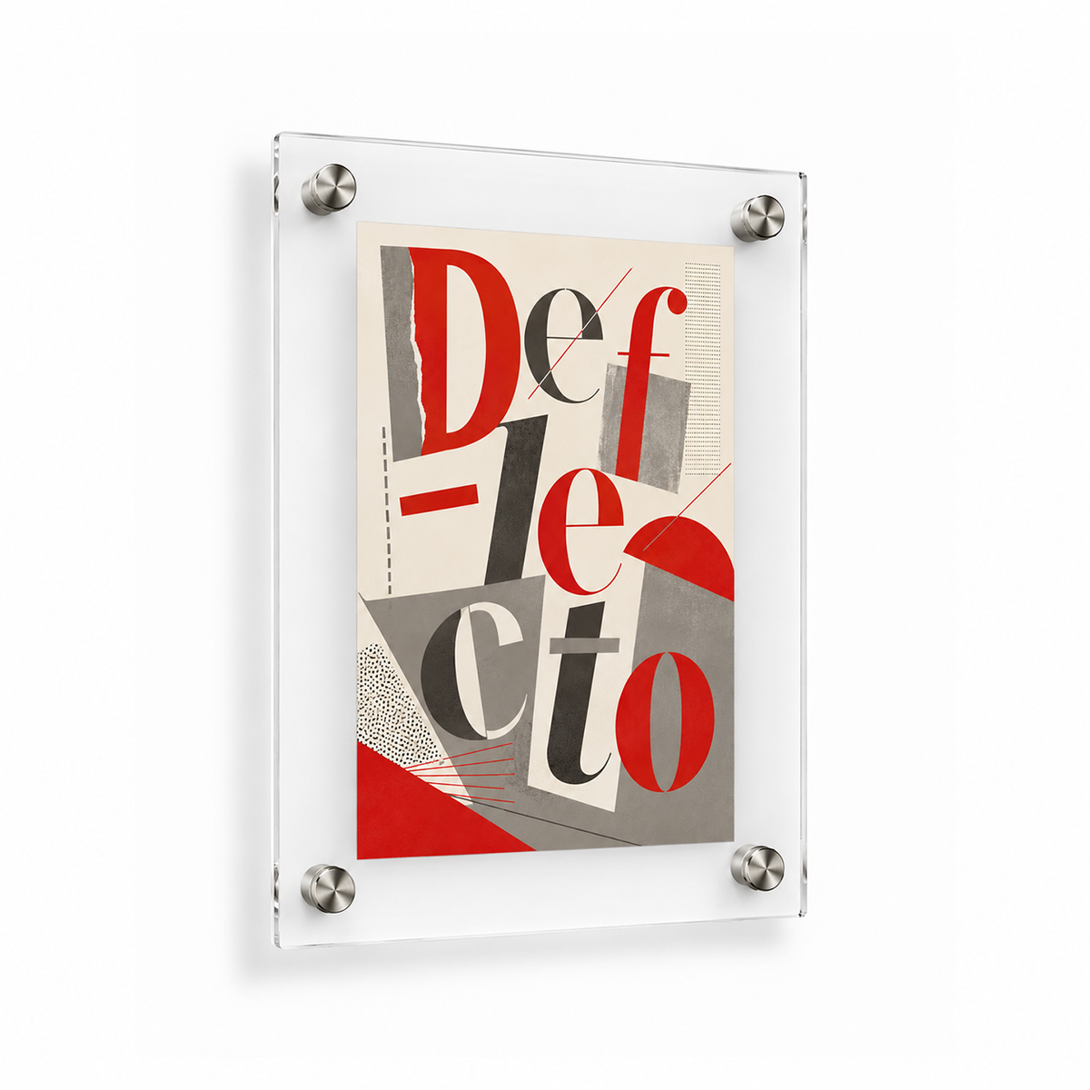 Deflecto A5 acrylic poster and photo holder for wall mounting, front view with a red and grey Deflecto print held by four corner fixings