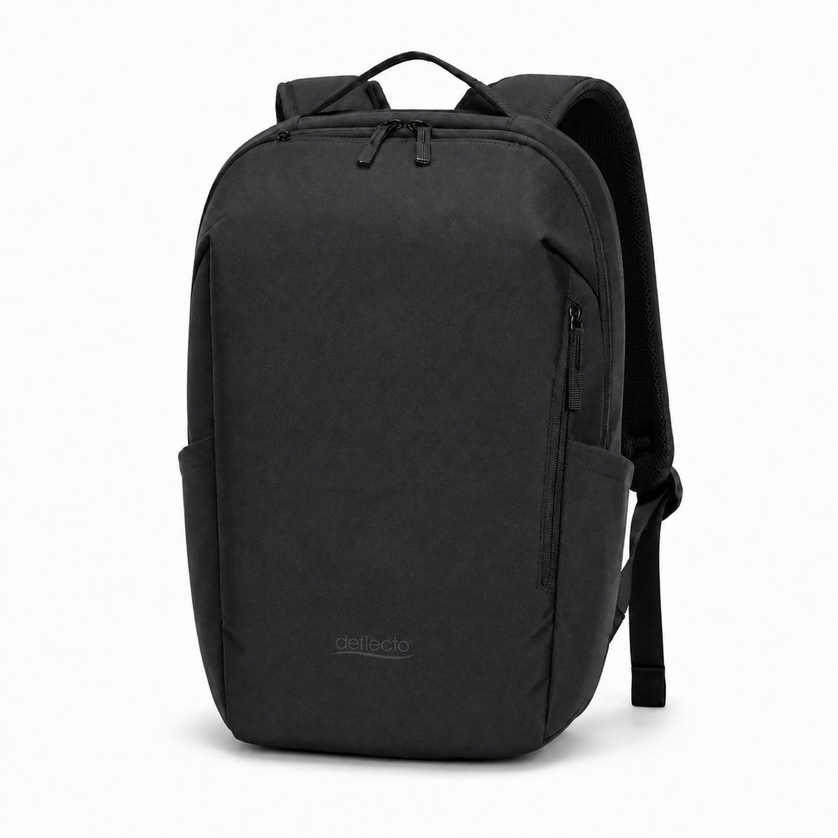 Deflecto Laptop Backpack Black 13L, front view of the black backpack with its shoulder straps and top carry handle