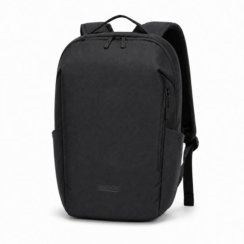 Deflecto Laptop Backpack Black 13L, front view of the black backpack with its shoulder straps and top carry handle
