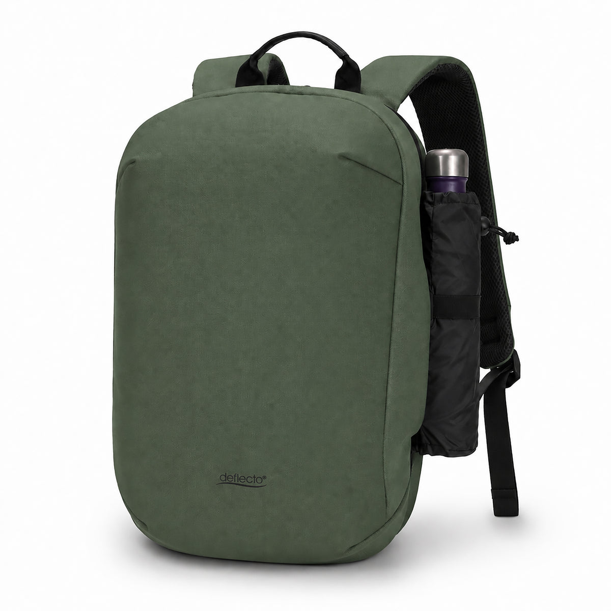 Deflecto Laptop Backpack Green 13L, front view of the green backpack with a drink bottle in the side pocket