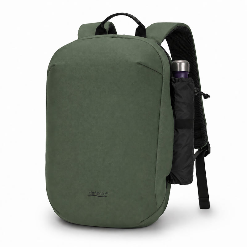 Deflecto Laptop Backpack Green 13L, front view of the green backpack with a drink bottle in the side pocket