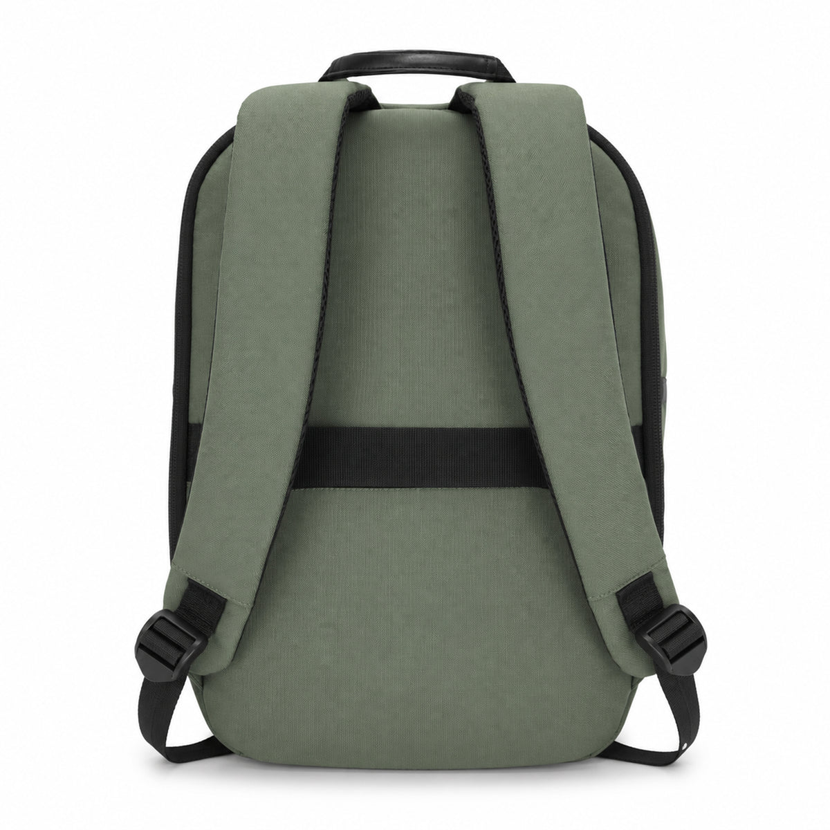 Deflecto Laptop Backpack Green 13L, rear view showing the padded back panel, the shoulder straps and the trolley strap