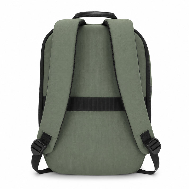 Deflecto Laptop Backpack Green 13L, rear view showing the padded back panel, the shoulder straps and the trolley strap