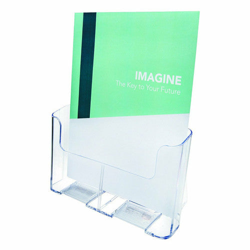 Deflecto A4 portrait brochure holder loaded with a brochure
