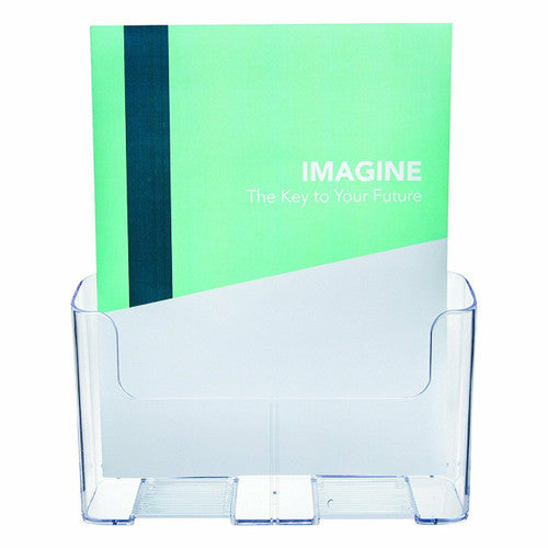 Deflecto A4 portrait brochure holder, angled three-quarter view