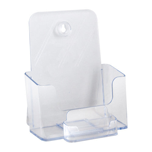 Deflecto A5 portrait brochure holder with business card pocket, front view