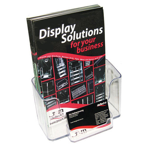 Deflecto A5 brochure holder with attached business card holder, angled view