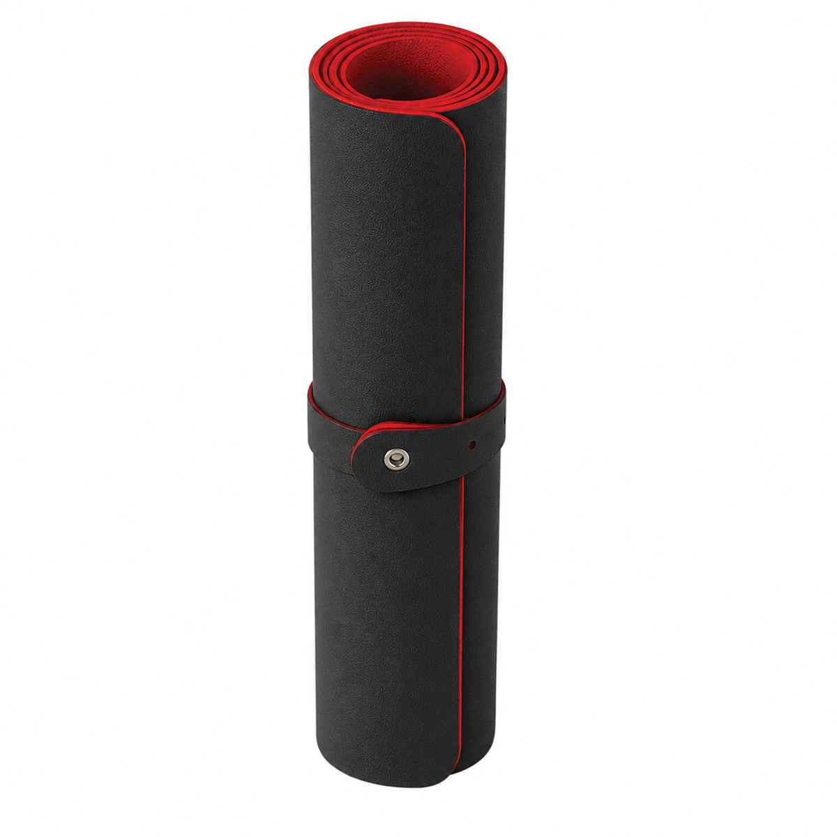 Deflecto faux-leather desk mat in black and red rolled up and held with a strap, showing the red reverse side at the edges