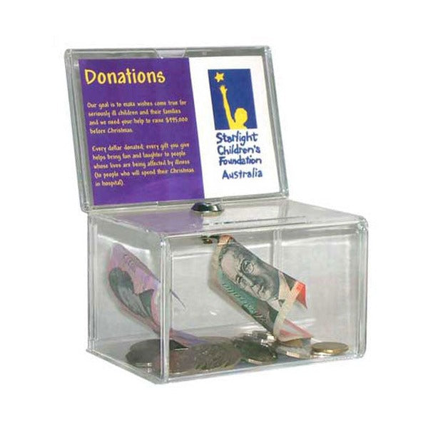 Deflecto A6 donation box, coin slot and lock detail