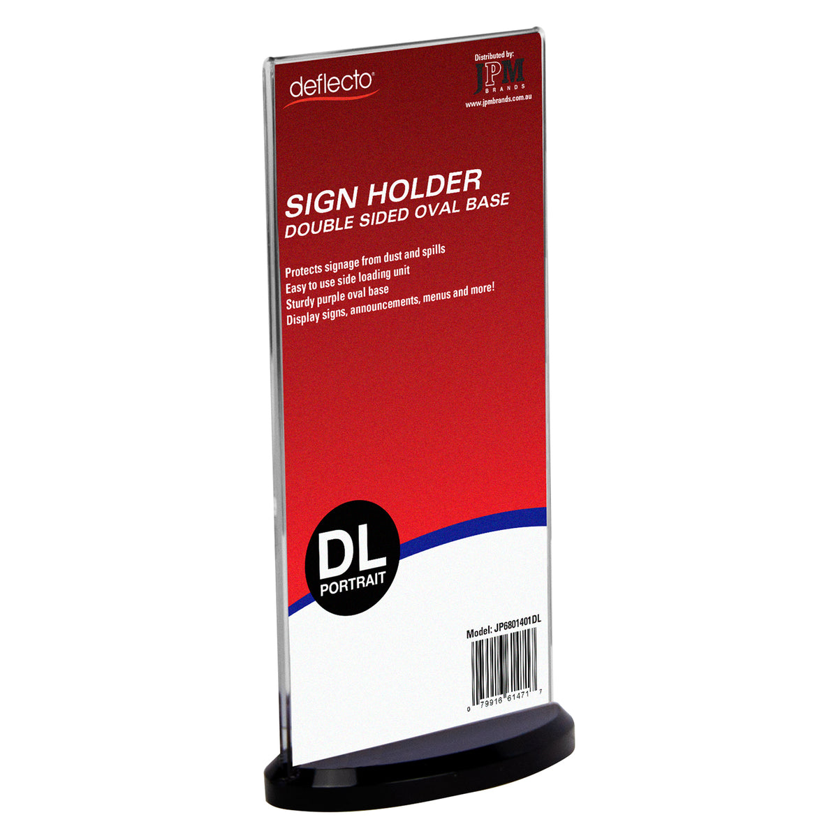 Deflecto Double Sided Oval Base Sign Holder DL Portrait photographed against a clean white background with original branded product signage inserted. The product view clearly shows the tall narrow transparent holder and sturdy smoke oval base designed for freestanding DL portrait signage.
