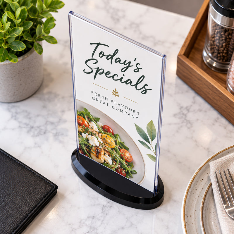Angled close view of the Deflecto DL portrait clear sign holder displaying a daily specials insert on a marble counter. The slim double sided display stands securely in its smoke oval base beside tableware and hospitality accessories, showing its compact footprint for restaurant and cafe counters.
