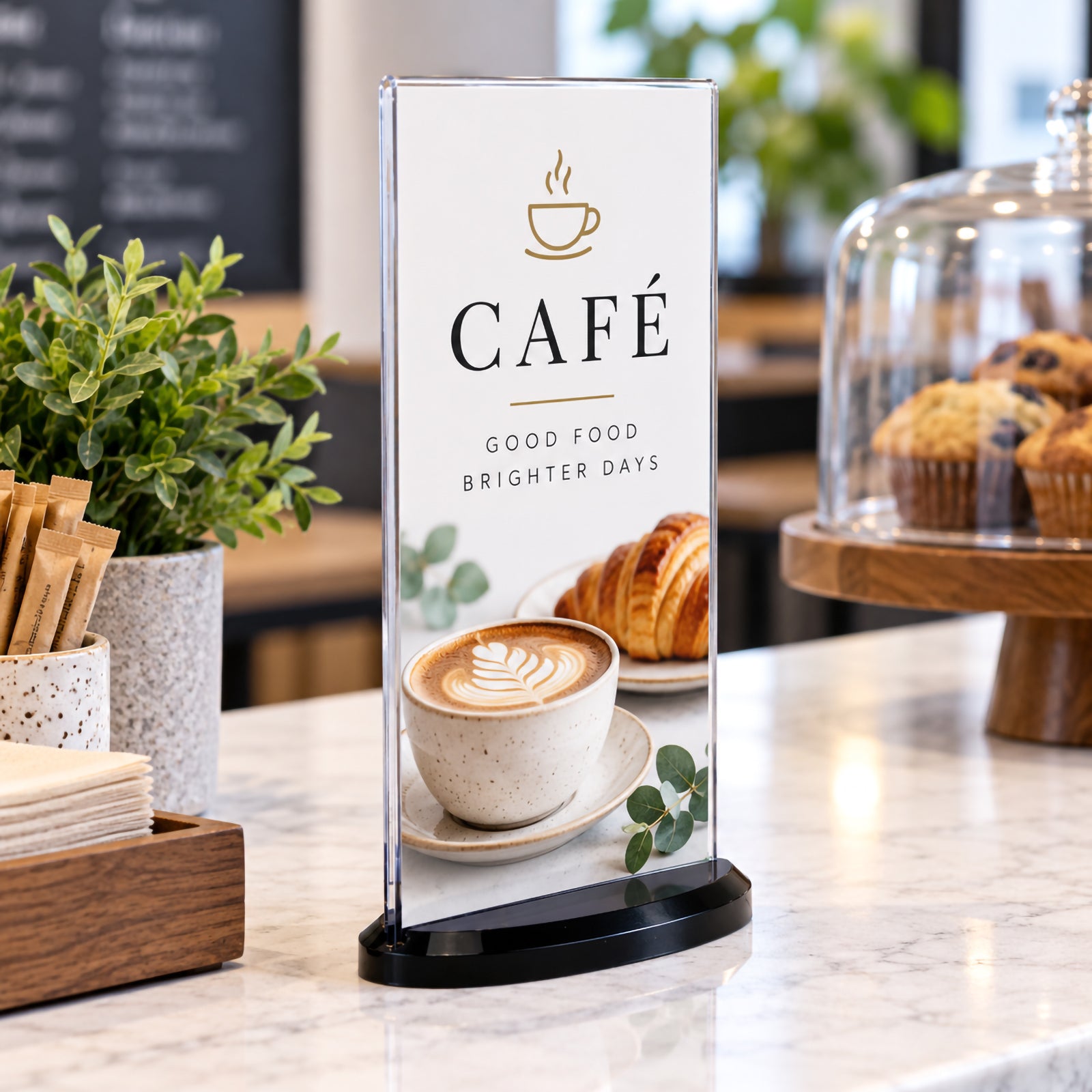 Deflecto DL portrait double sided sign holder displayed on a cafe counter with a coffee themed promotional insert. The clear narrow display and smoke oval base sit alongside cafe accessories and baked goods, demonstrating a practical way to present menus, specials and promotional information.