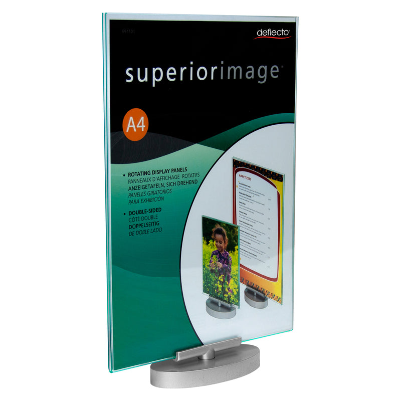 Deflecto A4 portrait double sided rotating sign holder shown with original Superior Image product insert against a white background. The clear display panel, green glass like edge treatment and silver 360 degree rotating base are visible in a clean product presentation.